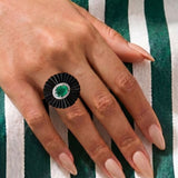 18.65ct Diamond Emerald Onyx 18K Gold Flower Cocktail Ring