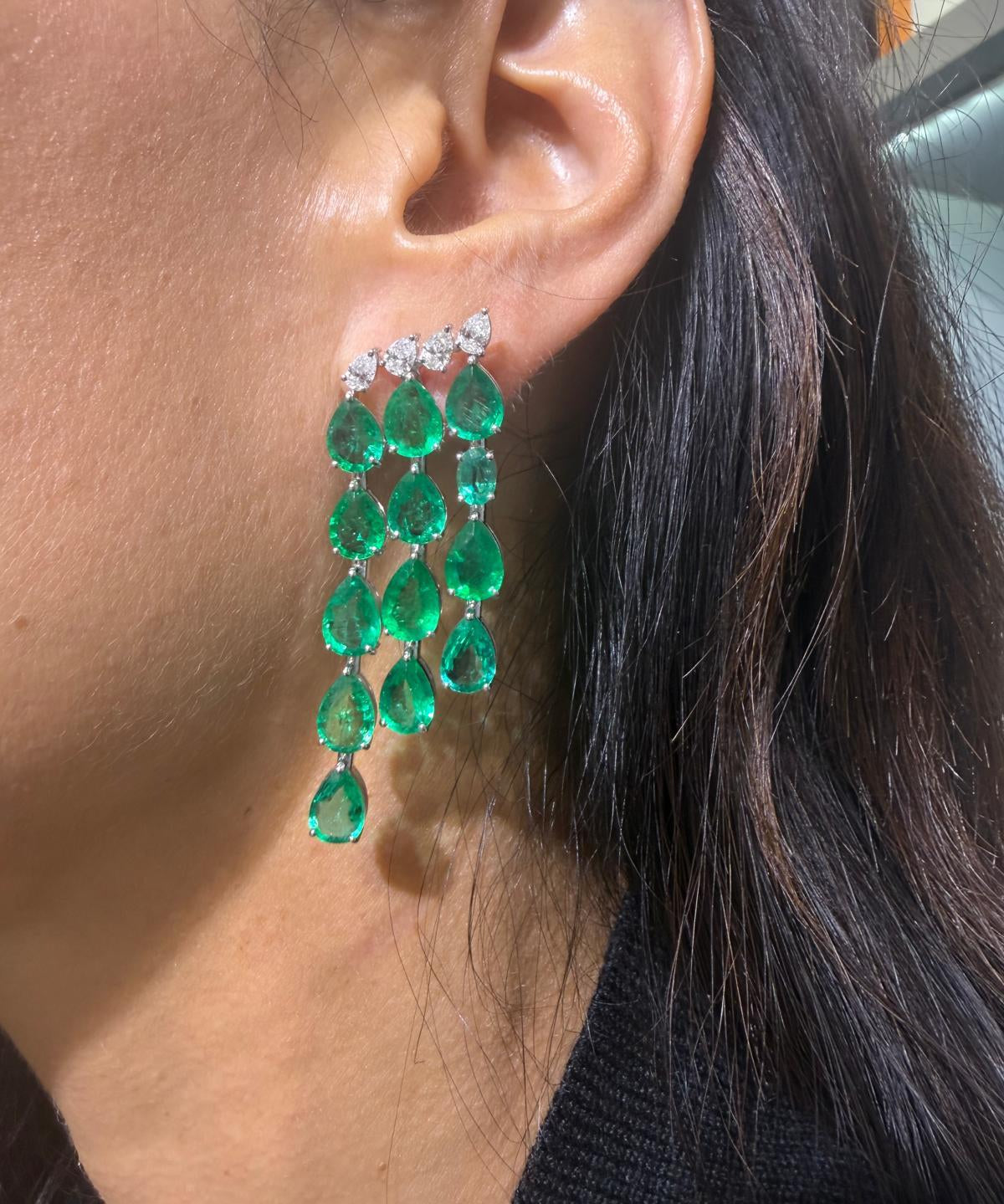 26.44ct Emerald Diamond 18K Gold Cascade Earrings