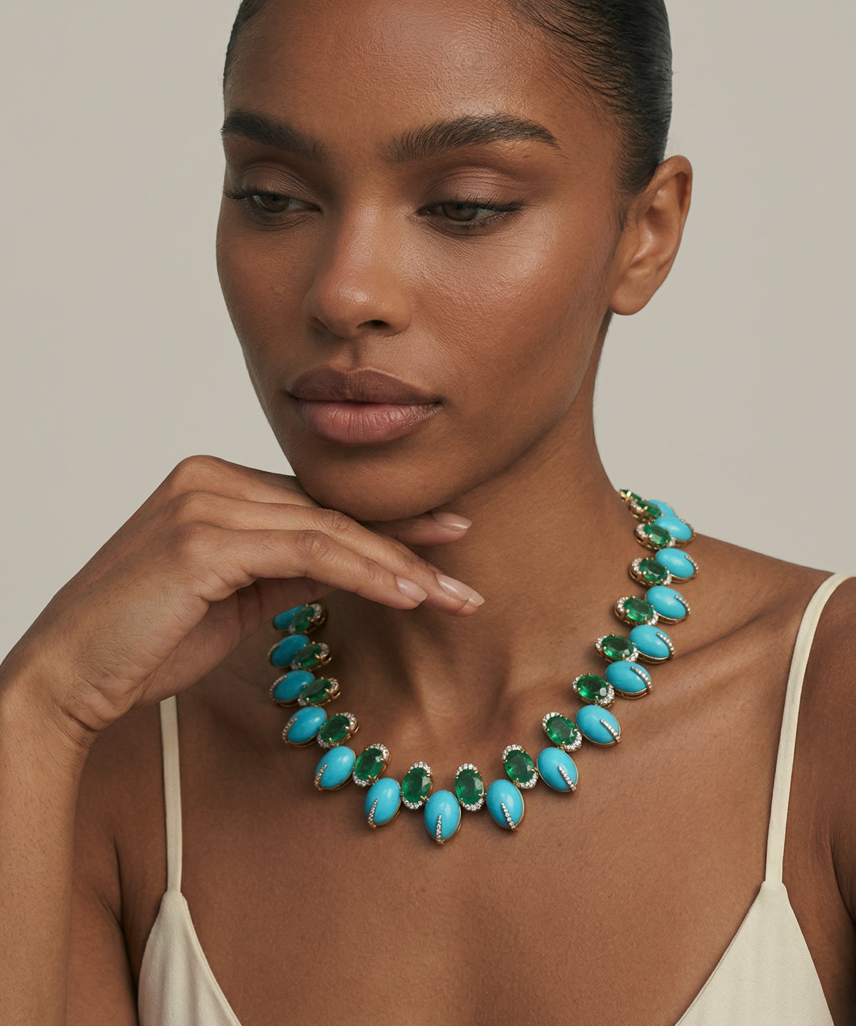 184.90ct Turquoise Emerald Diamond 18K Gold Statement Necklace