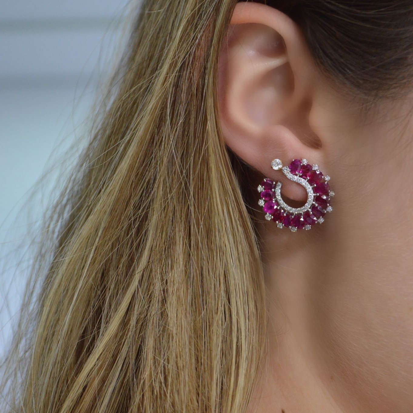7.11ct Diamond Ruby 18K Gold Cluster Earrings