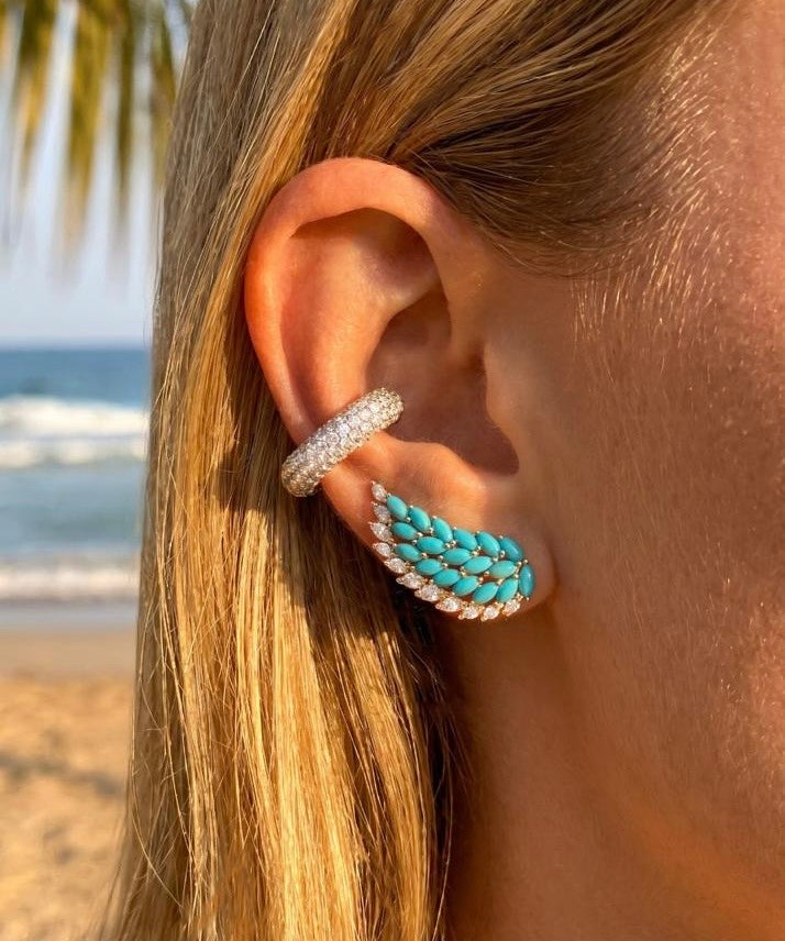 3.60ct Diamond Turquoise 18K Gold Wing Climber Earrings