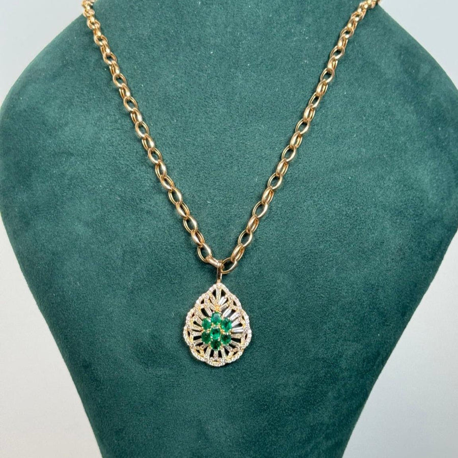 2.00ct Diamond Emerald 18K Gold Pendant Chain Necklace