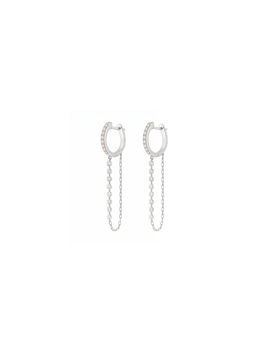 1.04ct Diamond 18K Gold Pave Double Huggie Diamond Chain Earrings