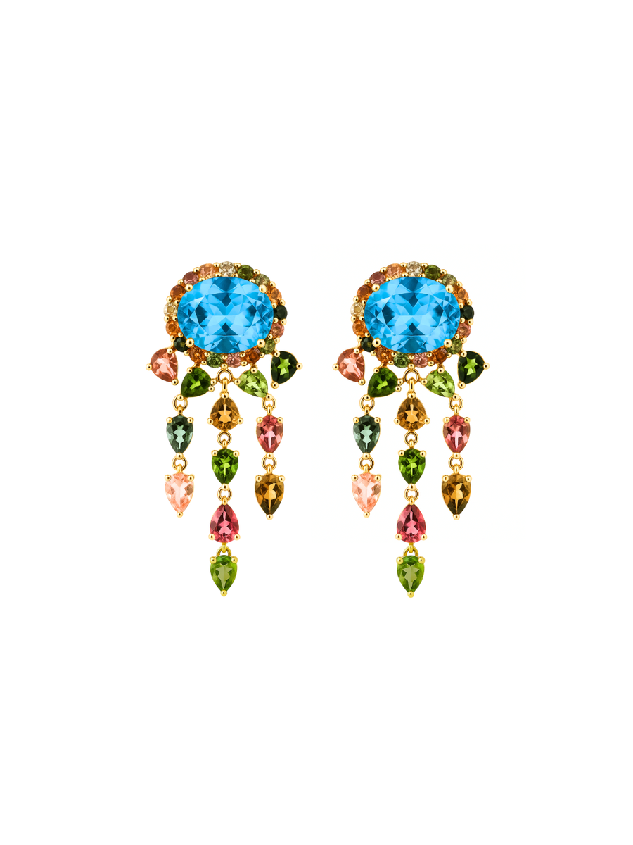 12.25ct Topaz Tourmaline 18K Gold Statement Cascade Earrings