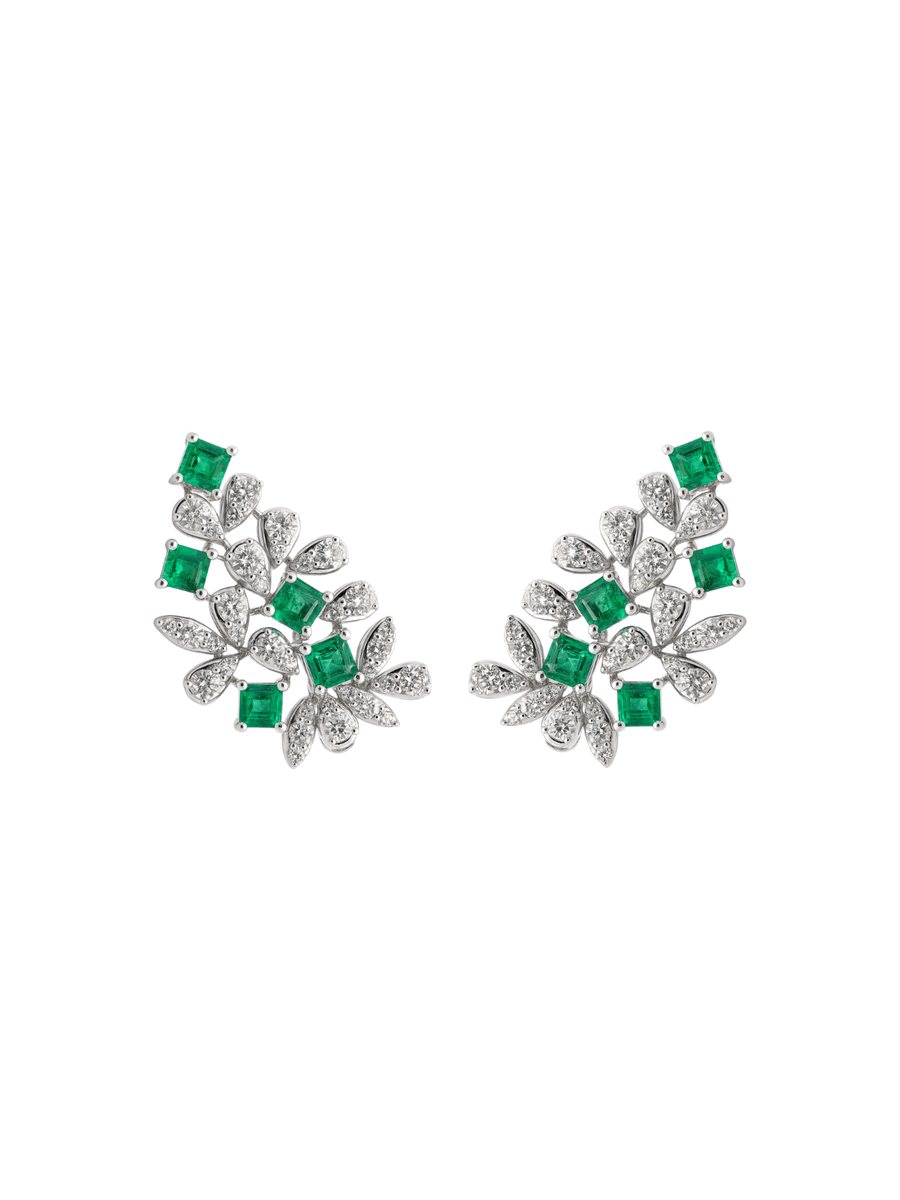 2.88ct Diamond Emerald 18K Gold Leaf Climber Earrings
