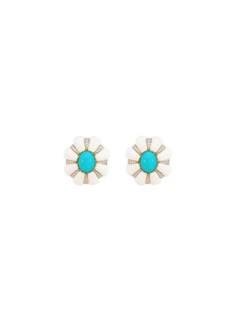 17.12ct Diamond Turquoise White Opal 18K Gold Stud Earrings