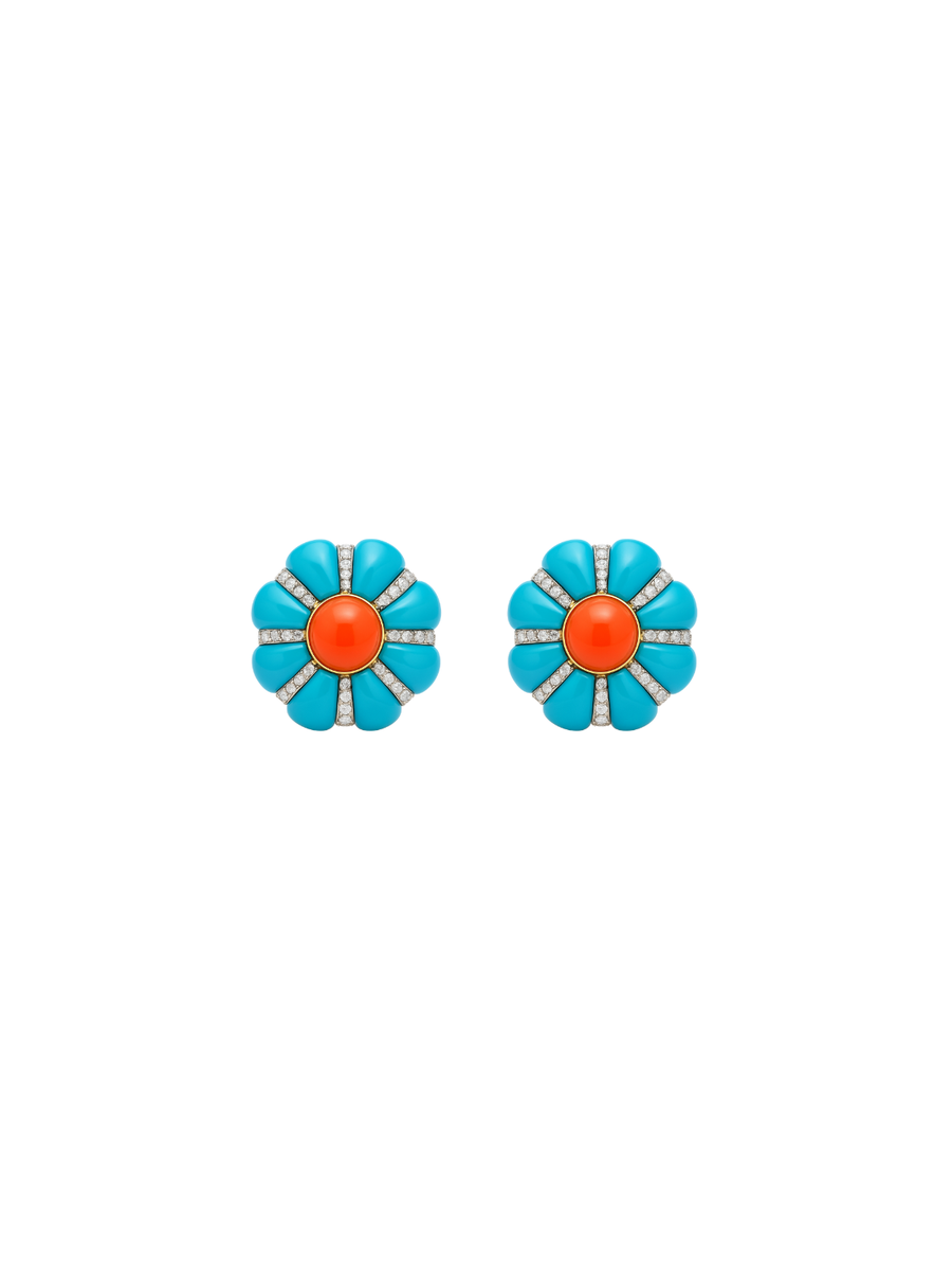 16.05ct Diamond Turquoise Coral 18K Gold Flower Stud Earrings