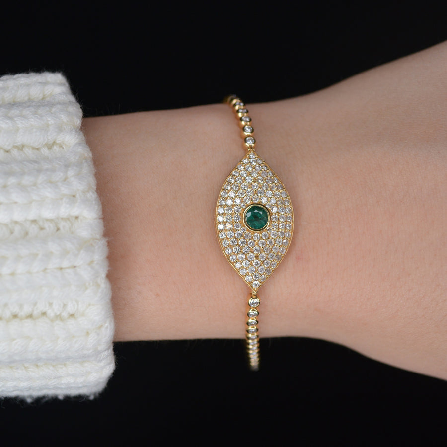 3.44cts Diamond Emerald 18K Gold Evil Eye Bracelet
