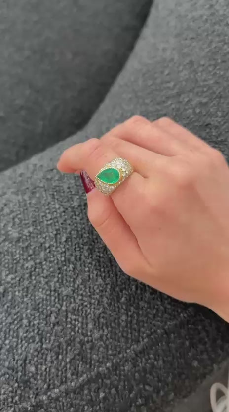 5.32ct Diamond Colombian Emerald 18K Gold Pear Ring
