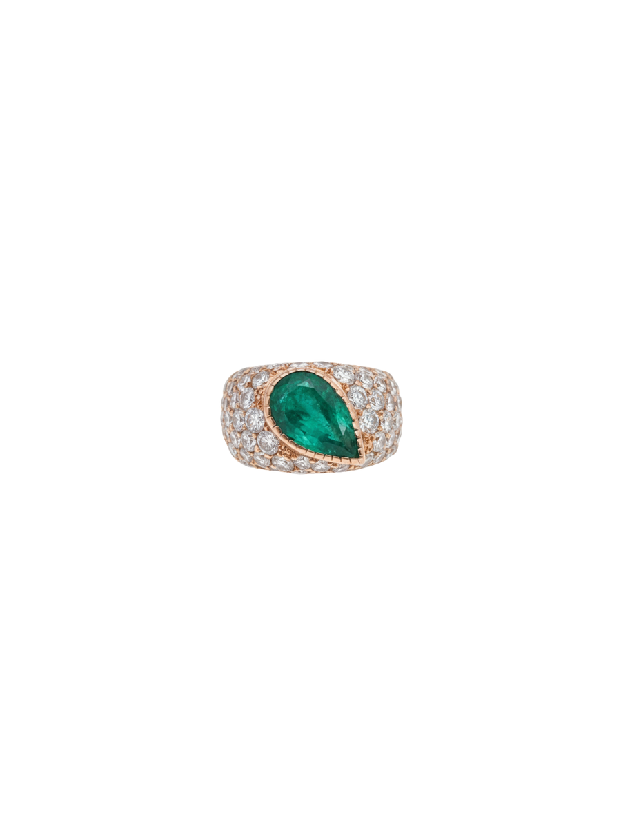 5.32ct Diamond Colombian Emerald 18K Gold Pear Ring