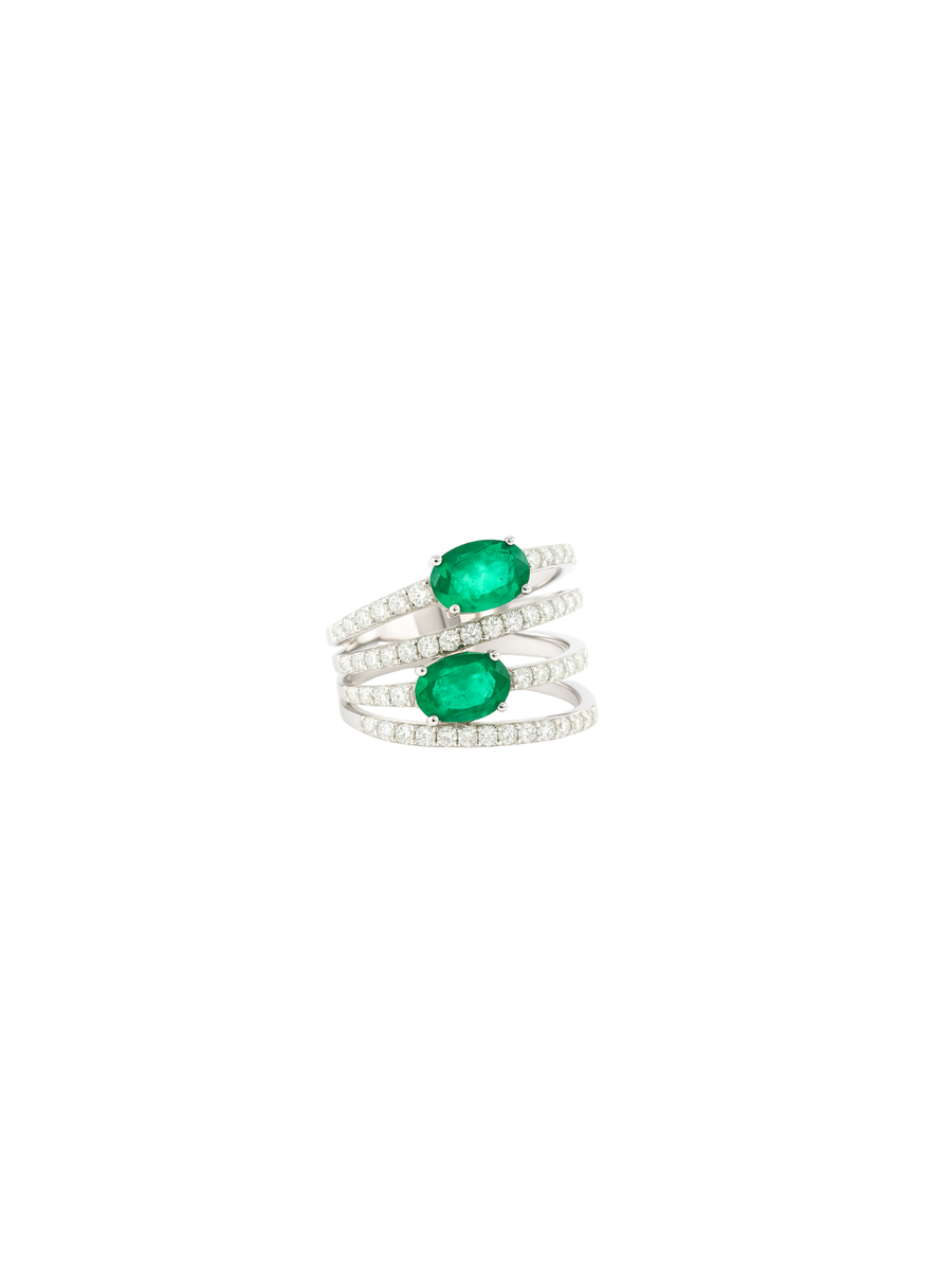 1.50ct Diamond Emerald 18K Gold Multi Row Ring