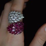 7.36ct Diamond Ruby 18K Gold Cluster Leaf Bypass Ring