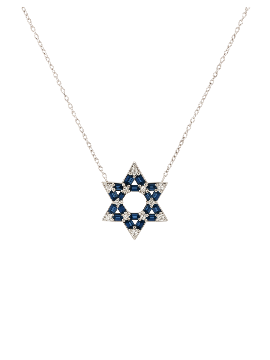 2.21ct Diamond Sapphire 14K Gold Star of David Necklace