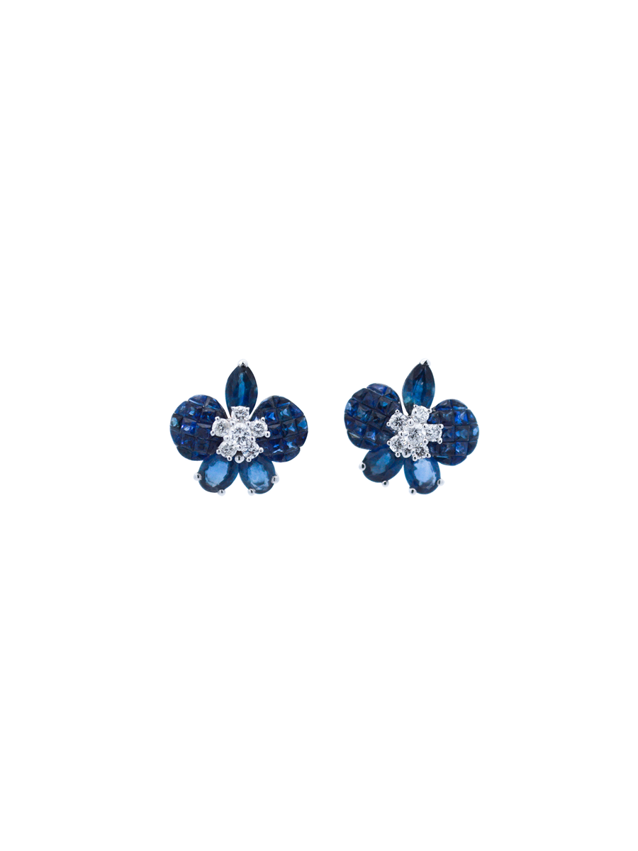 2.30cts Diamond Sapphire 18K Gold Flower Stud Earrings