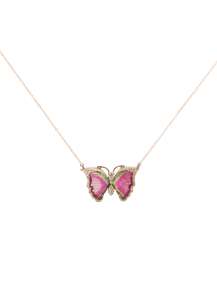 6.47cts Diamond Tourmaline 18K Gold Butterfly Pendant Chain Necklace