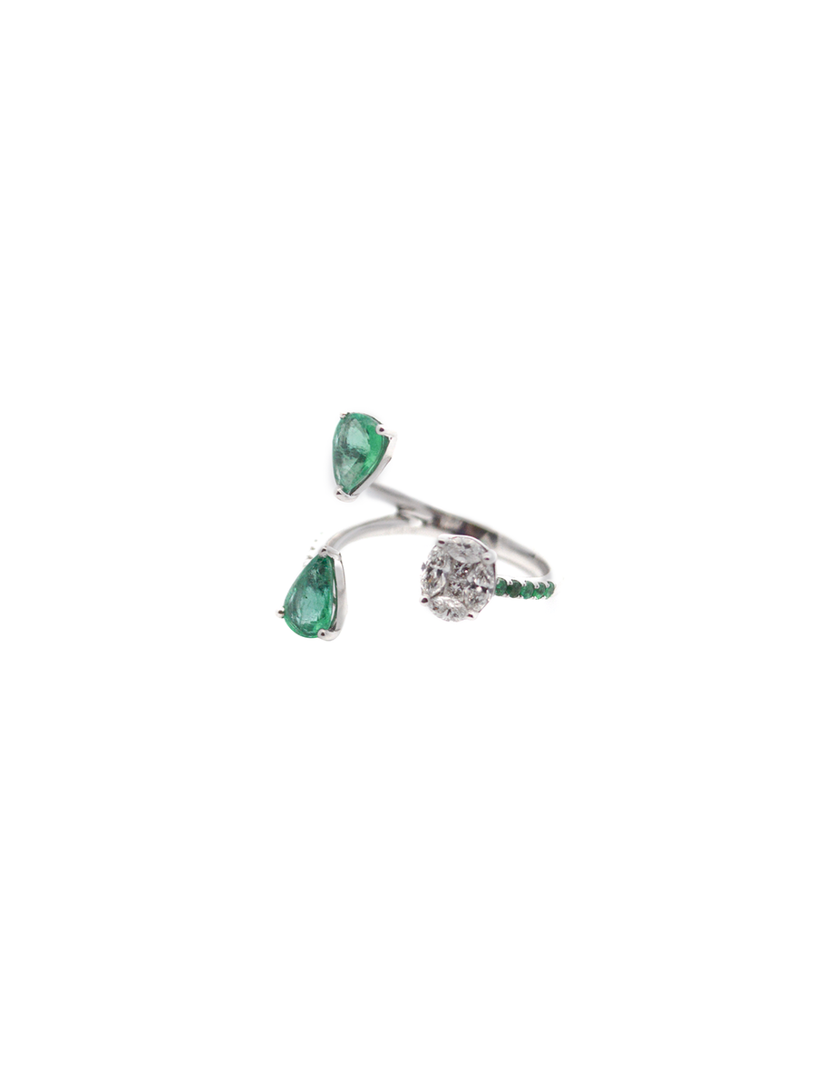 1.20cts Diamond Emerald 18K Gold Open Shank Ring