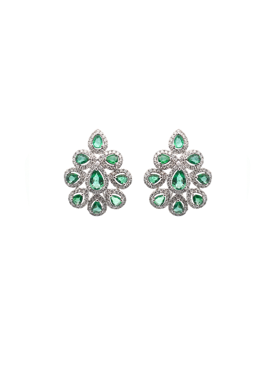 3.90cts Diamond Emerald 18K Gold Pear Cluster Earrings