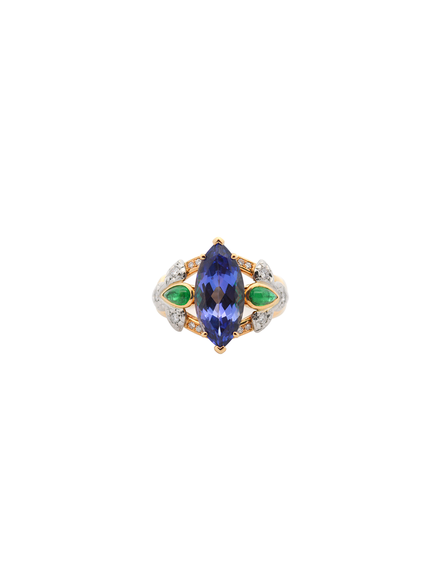 4.58cts Diamond Tanzanite Emerald 18K Gold Platinum Marquise Ring