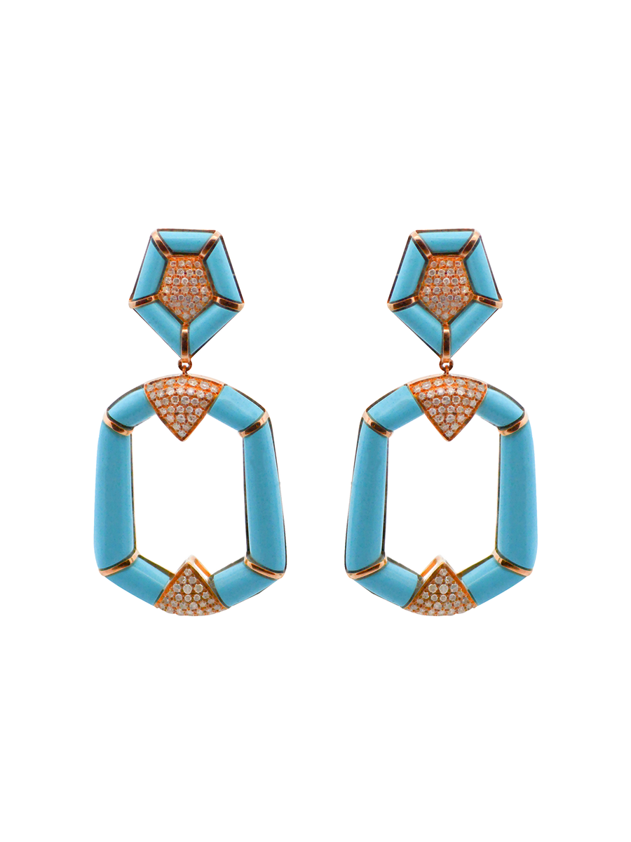 55.8cts Diamond Turquoise 14K Gold Geometric Teardrop Earrings