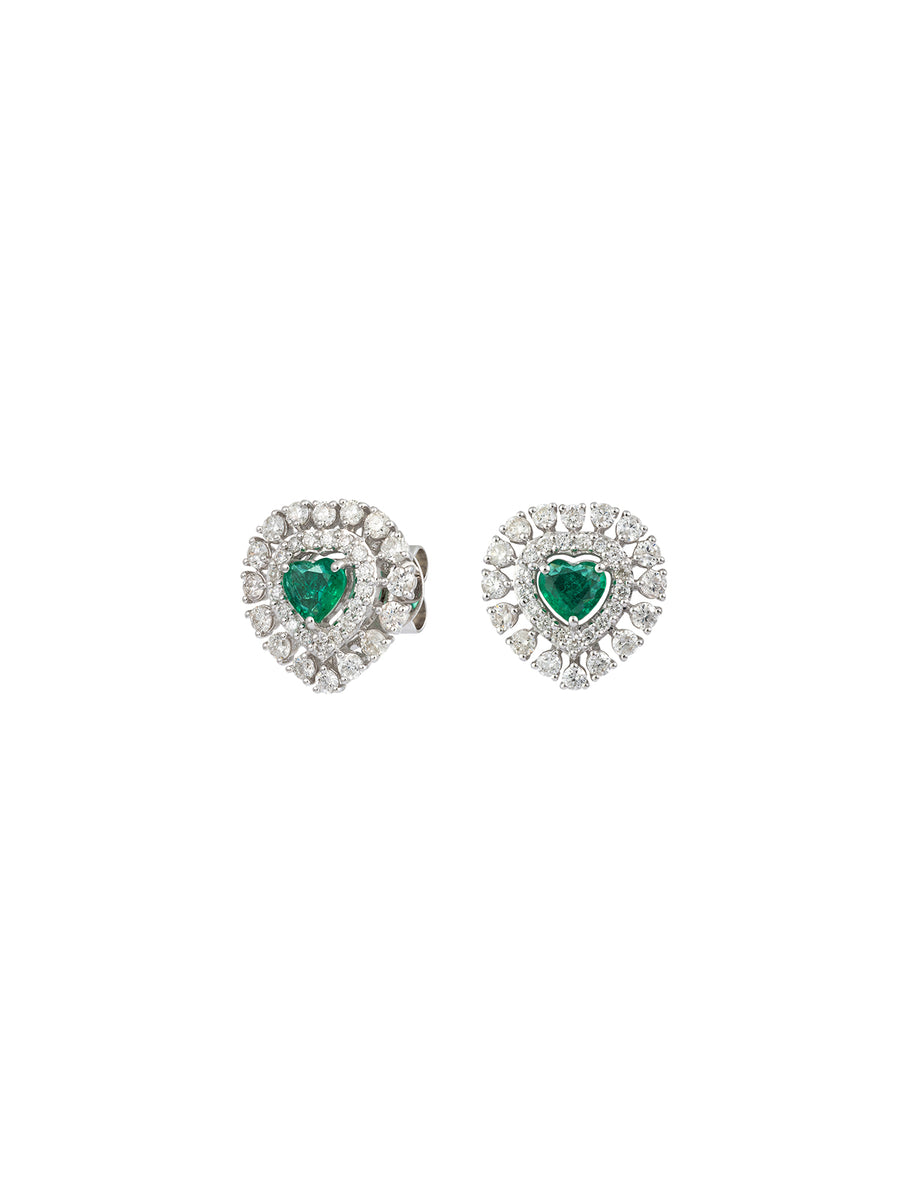 2.24cts Emerald Diamond 18K Gold Heart Cluster Stud Earrings