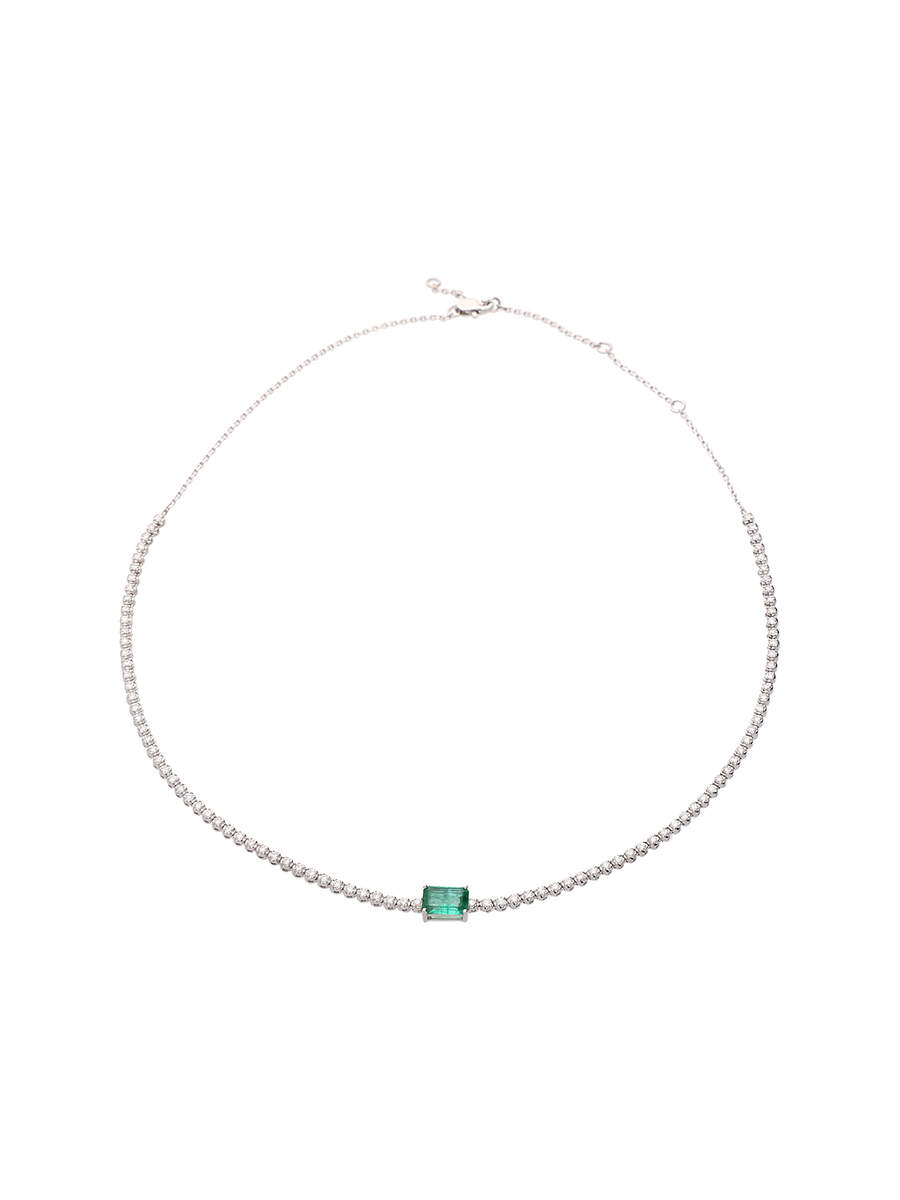 2.30cts Diamond Emerald 18K Gold Half Tennis Choker Necklace