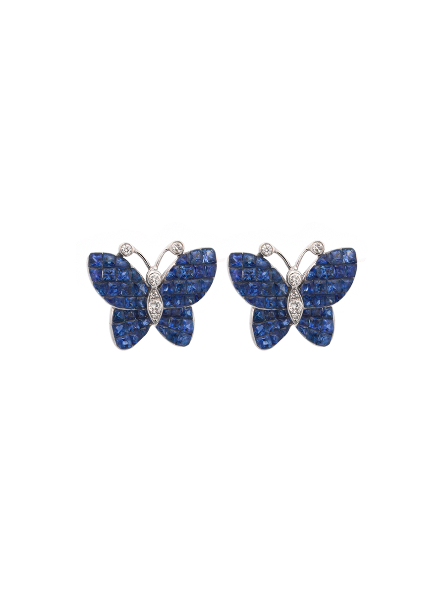 3.24ct Diamond Sapphire 18K Gold Butterfly Invisible Set Stud Earrings