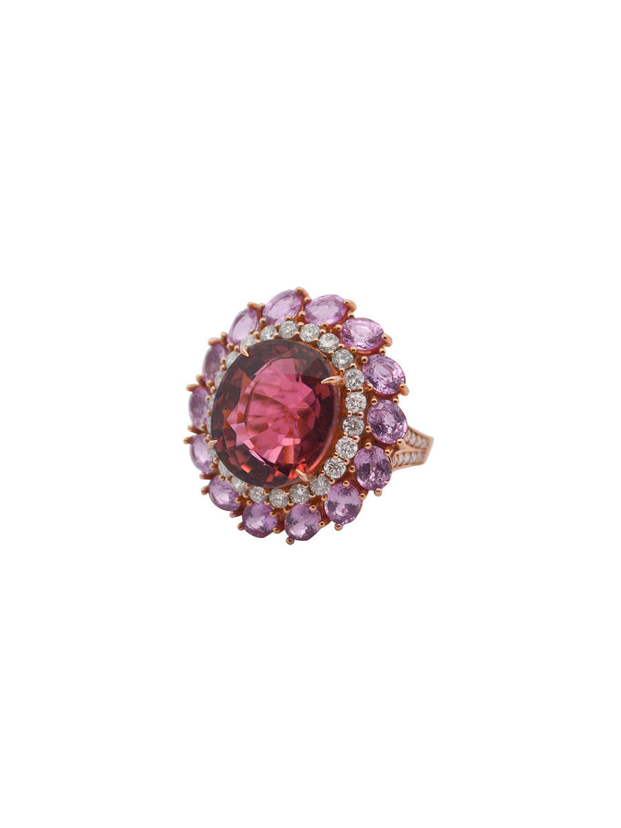18.11cts Diamond Pink Tourmaline Pink Sapphire 18K Gold Halo Ring