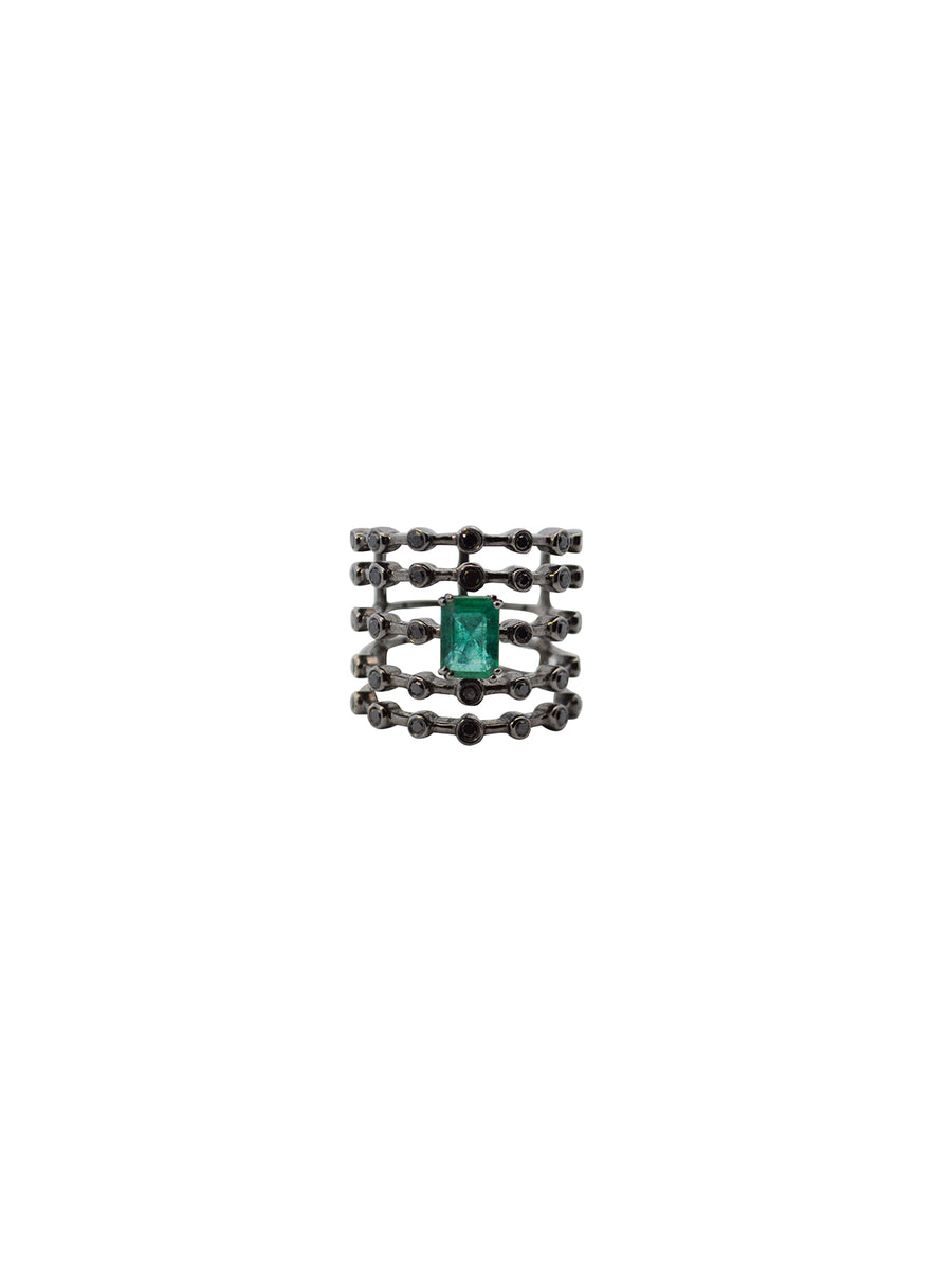 1.40cts Black Diamond Emerald 18K Gold Multi Row Ring