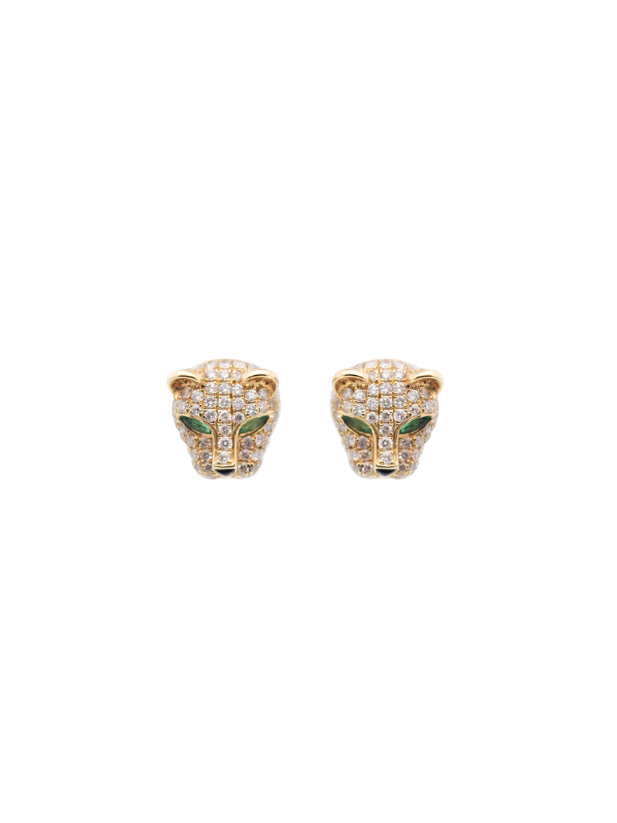 1.66cts Diamond Emerald 18K Gold Pave Panther Earrings