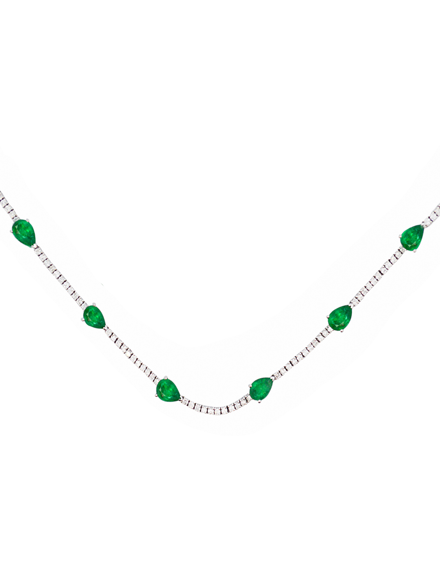 9.1cts Diamond Emerald 18K Gold Stationed Tennis Necklace