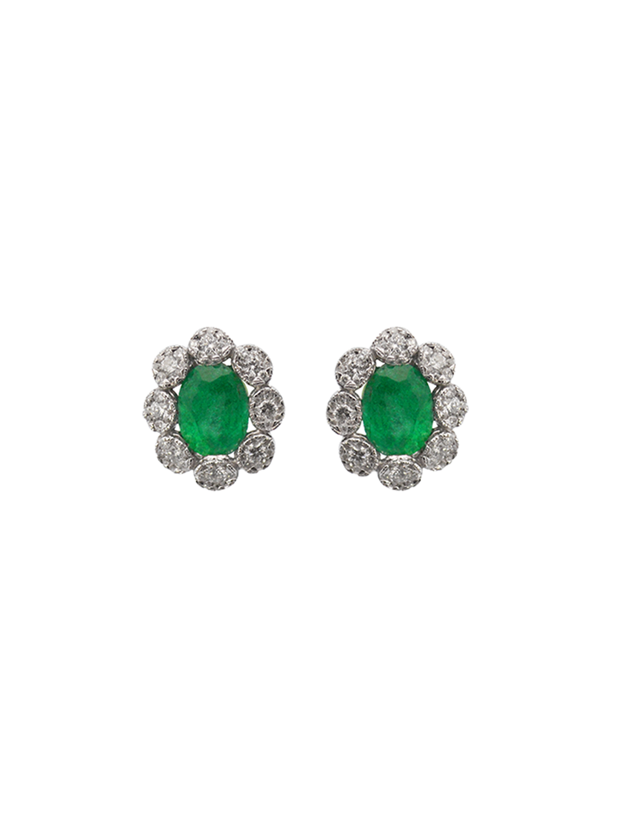 2.84cts Diamond Emerald 18K Gold Halo Stud Earrings