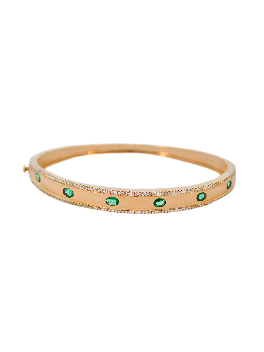 1.08cts Diamond Emerald 14K Gold Bangle Bracelet