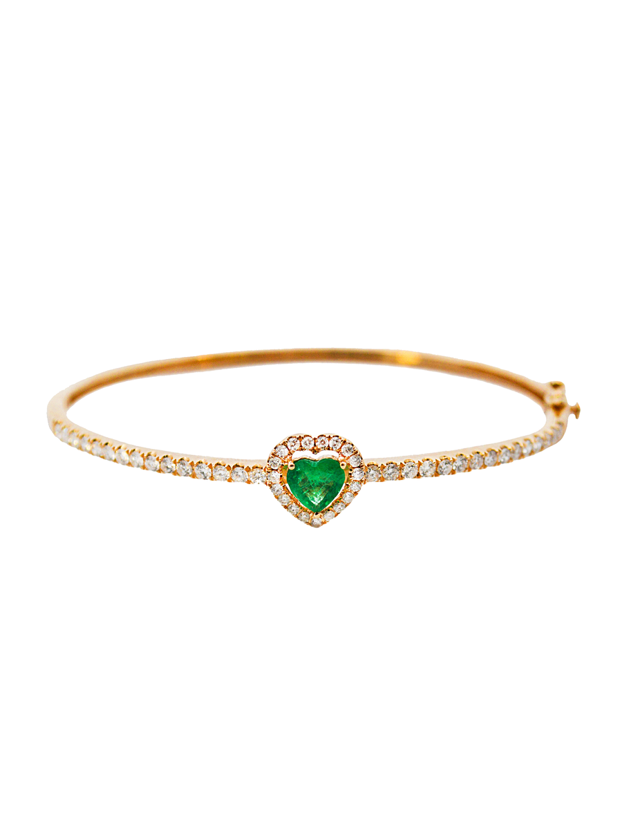 2.25cts Diamond Emerald 14K Gold Heart Bangle Bracelet