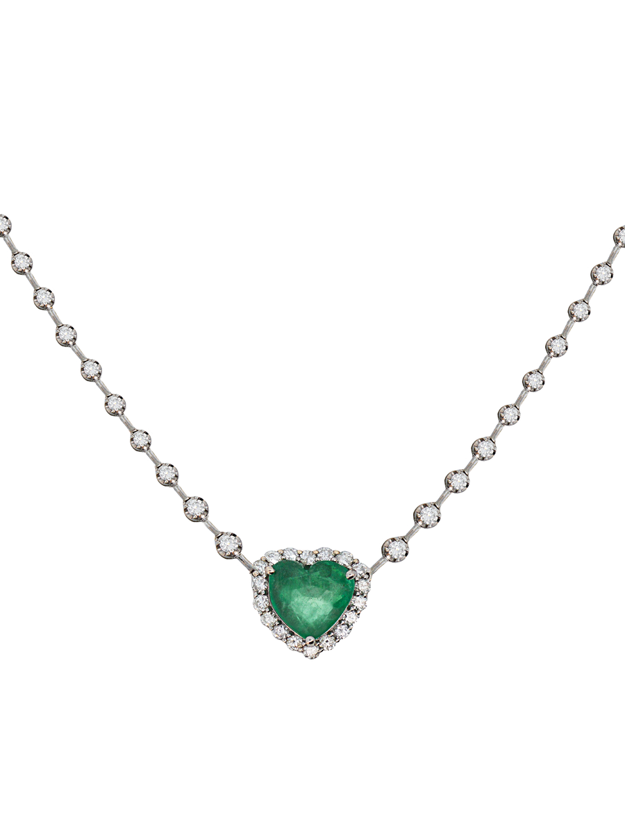 7.35cts Diamond Emerald 18K Gold Halo Heart Tennis Link Necklace