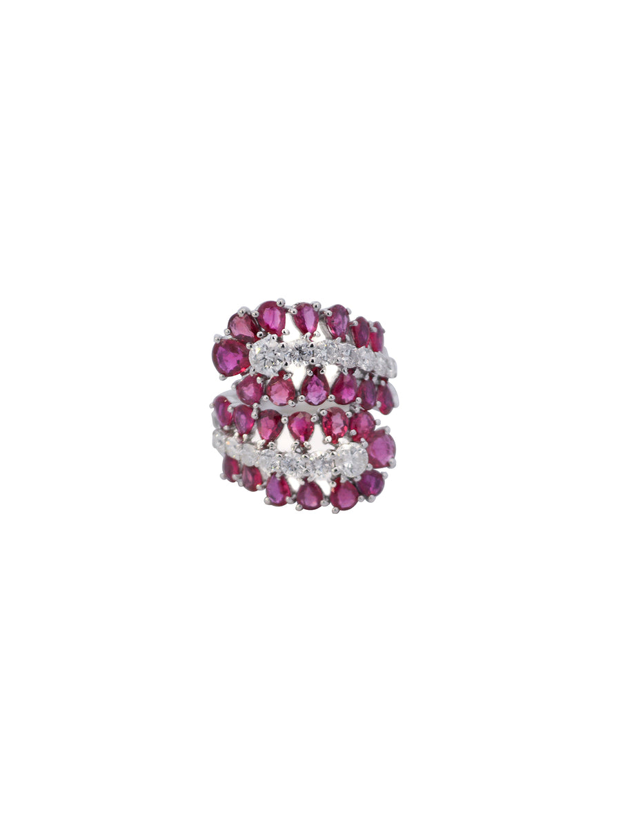 3.95cts Diamond Ruby 18K Gold Cluster Leaf Bypass Ring