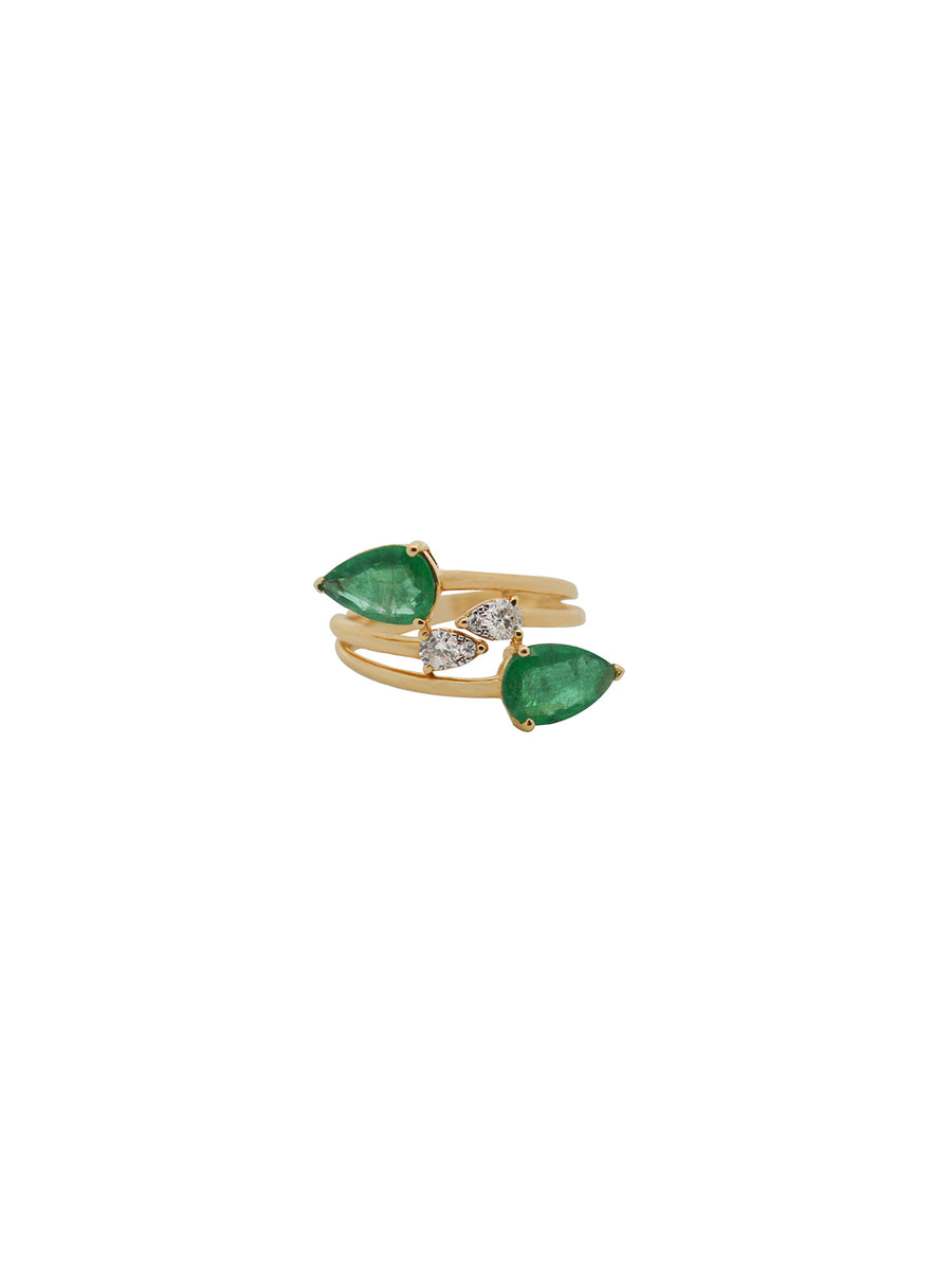 2.15cts Diamond Emerald 18K Gold Double Pear Ring