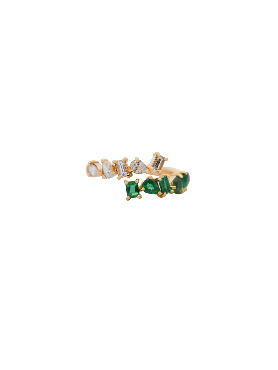 1.10cts Diamond Emerald 18K Gold Multi Shaped Bypass Ring