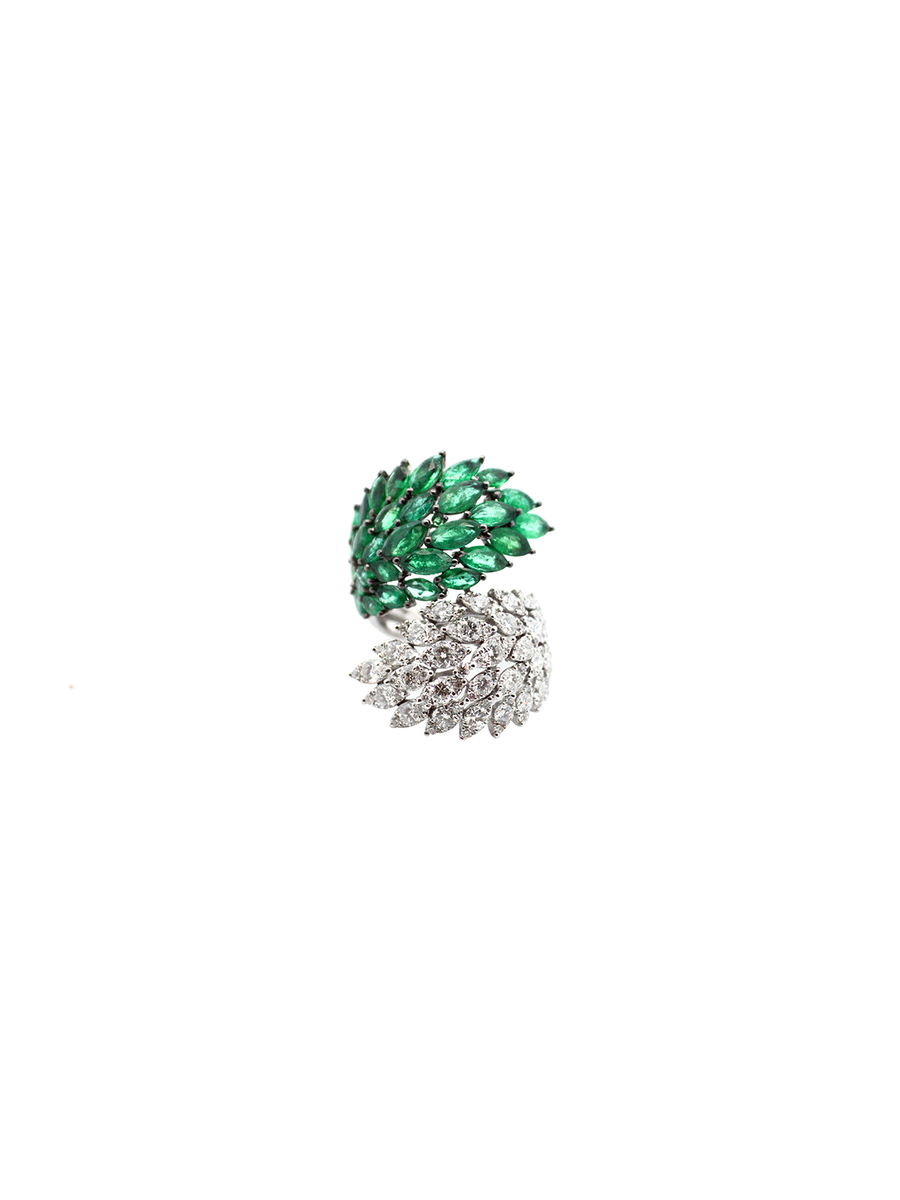 6.1cts Diamond Emerald 18K Gold Cluster Leaf Bypass Ring