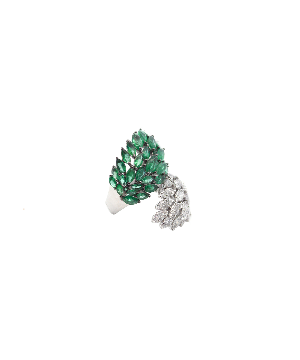 6.70ct Diamond Emerald 18K Gold Cluster Leaf Bypass Ring
