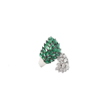 6.70ct Diamond Emerald 18K Gold Cluster Leaf Bypass Ring