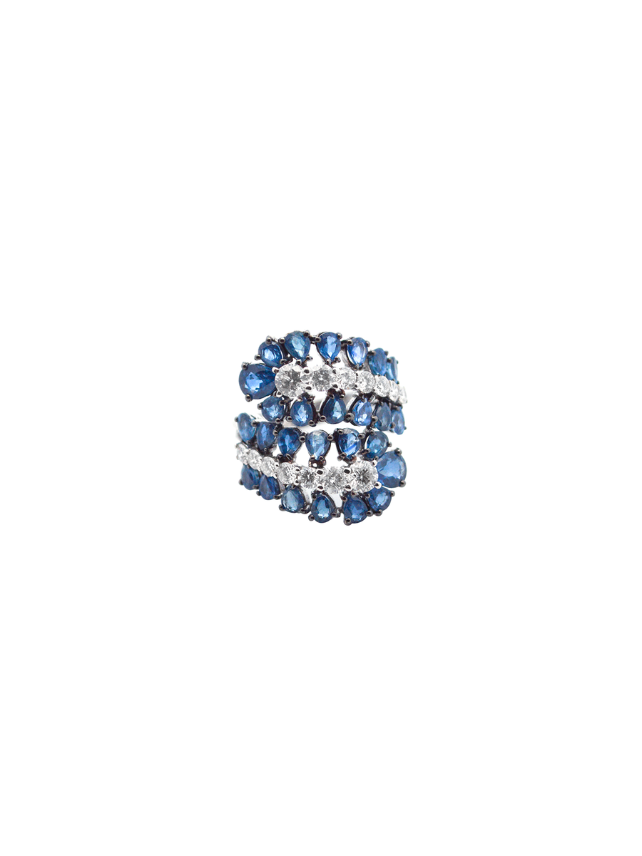 4.70cts Diamond Sapphire 18K Gold Cluster Leaf Bypass Ring