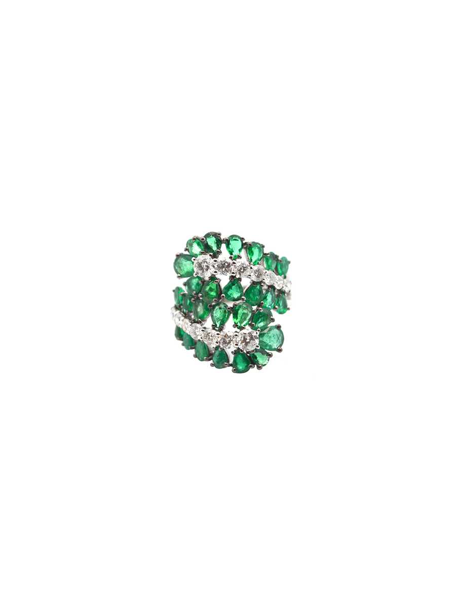 3.40ct Diamond Emerald 18K Gold Cluster Leaf Bypass Ring