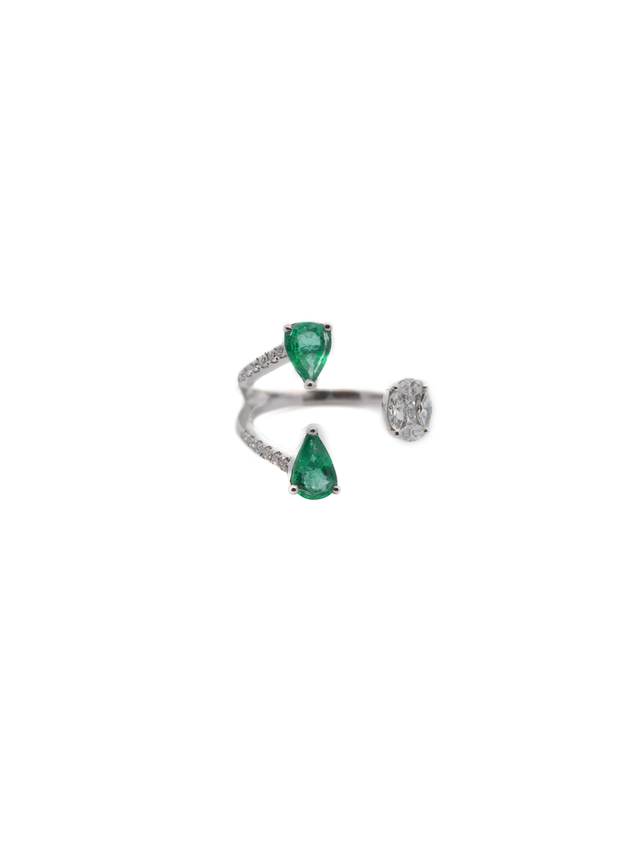 1.20cts Diamond Emerald 18K Gold Open Shank Ring