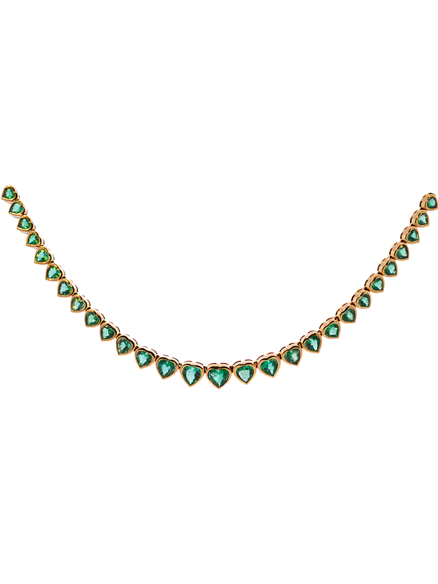 7.57cts Emerald 14K Gold Graduated Heart Cut Half Tennis Necklace