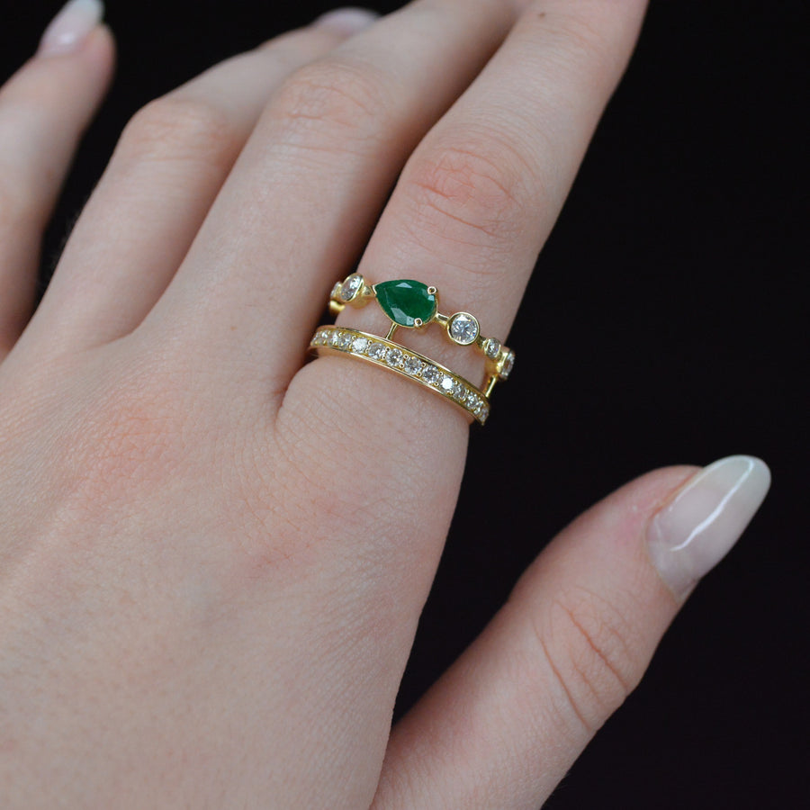 1.85ct Diamond Emerald 18K Gold Double Row Ring