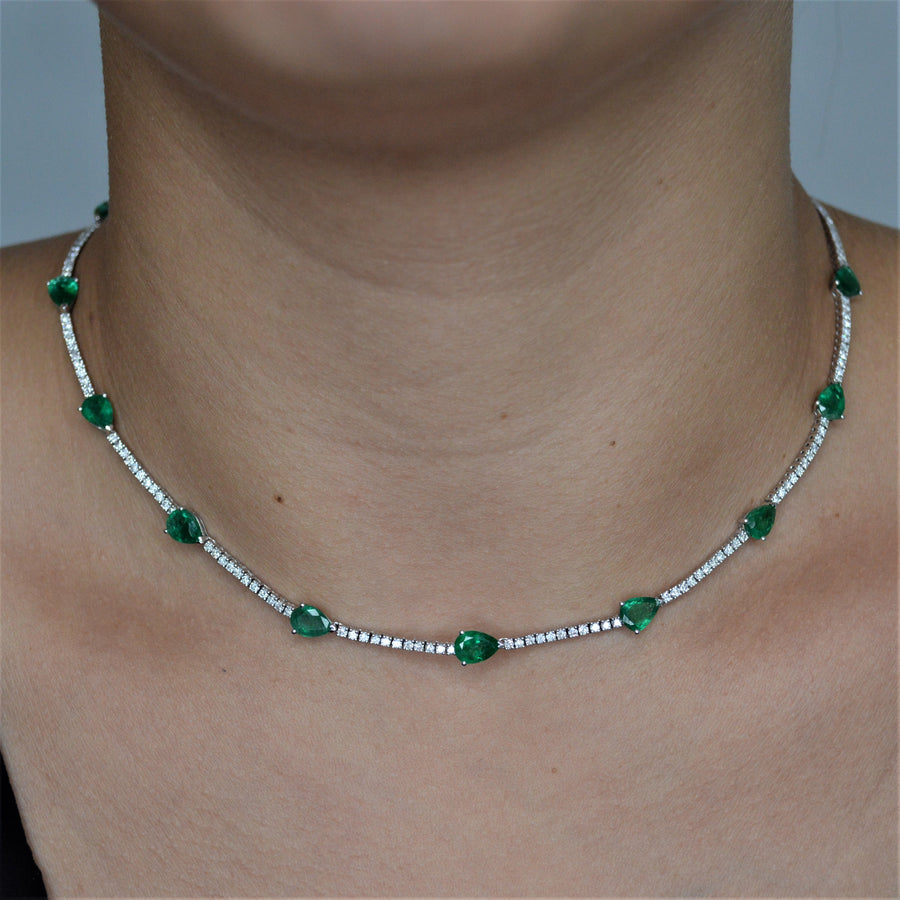 9.1cts Diamond Emerald 18K Gold Stationed Tennis Necklace