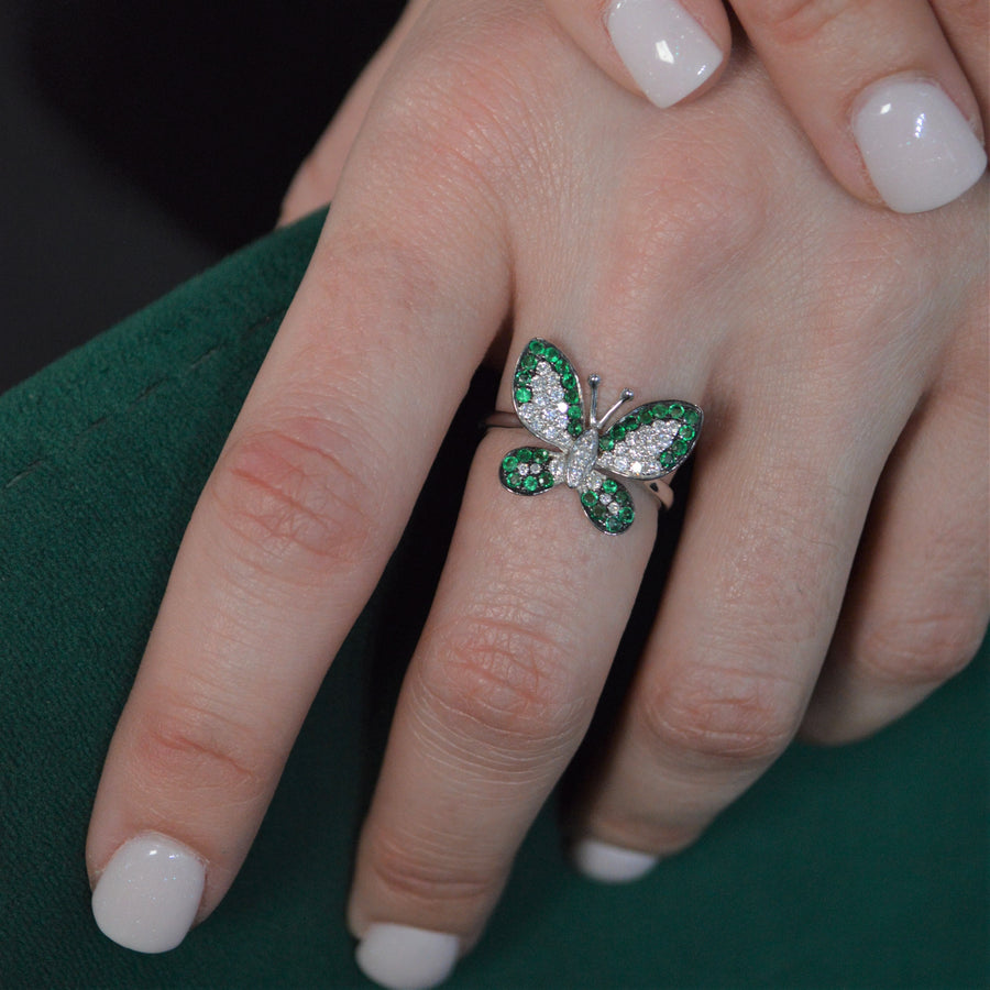 0.60cts Diamond Emerald 18K Gold Pave Butterfly Ring