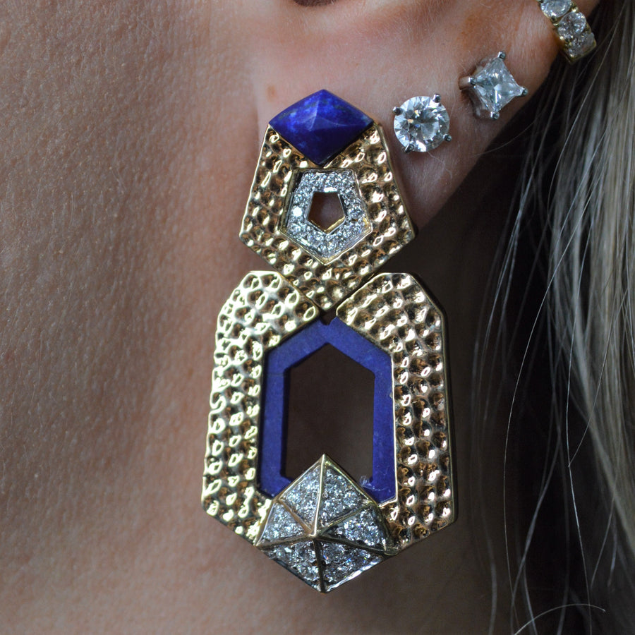 9.88cts Diamond Lapis Lazuli 18K Gold Hammered Drop Earrings