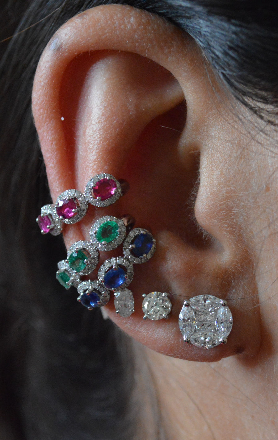 0.75cts Diamond Sapphire 18K Gold Three Stone Ear Cuff