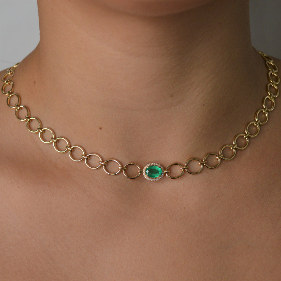 1.26cts Emerald Diamond 14K Gold Link Necklace